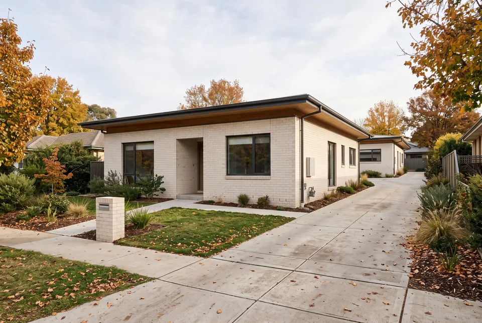 Griffith dual occupancy: two single-storey pale brick homes one behind the other