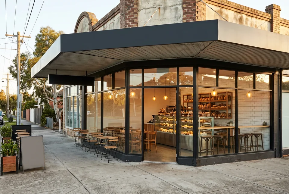Bakery shopfront and interior with a glass display counter and timber shelving