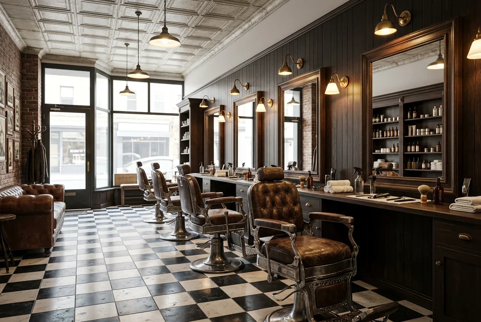 Barber shop with leather chairs and timber panelling