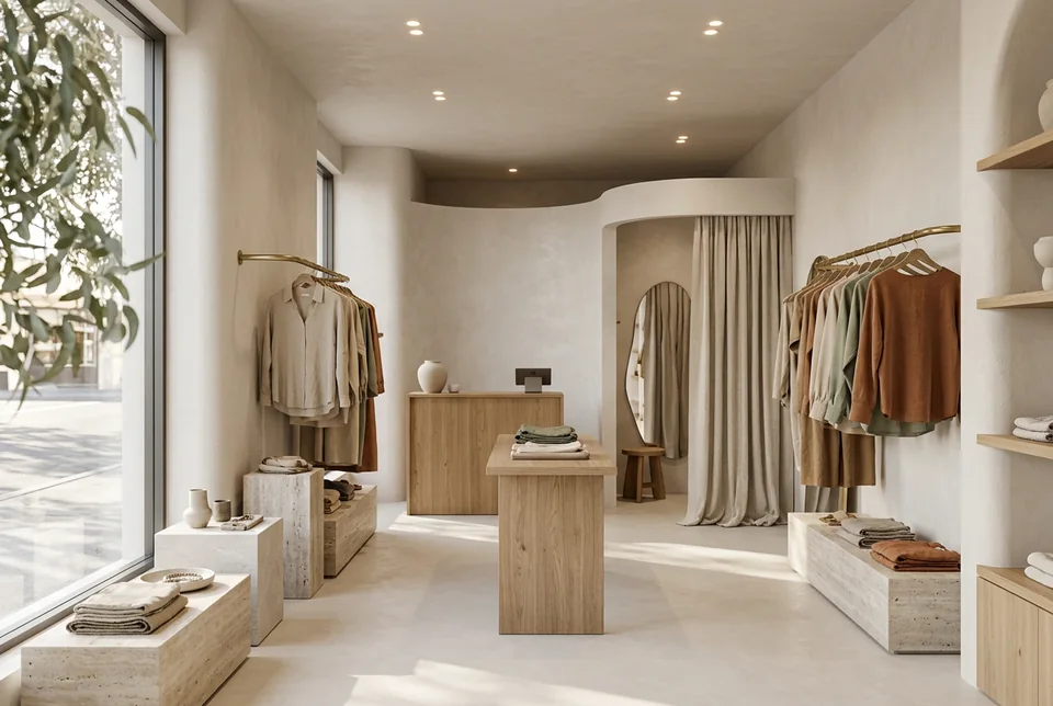 Boutique interior with oak fixtures and brass rails