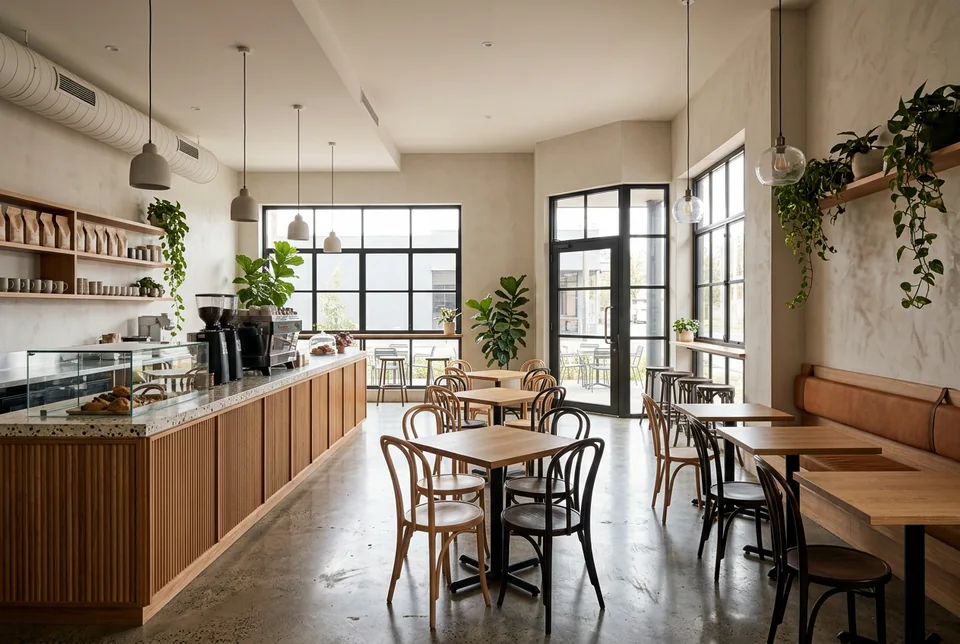 Café interior with a terrazzo counter and oak tables