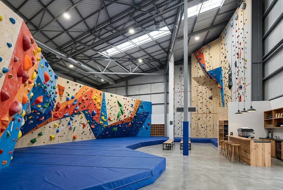 Indoor climbing gym with bouldering walls, matting and a cafe corner