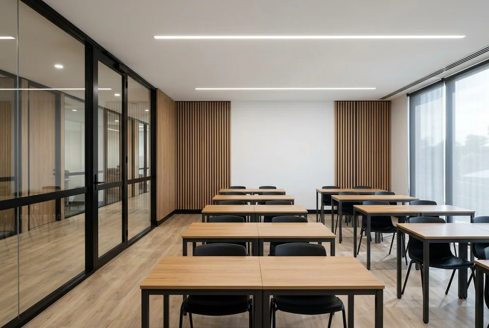 Coaching centre classroom with desks, whiteboard and glazed partition