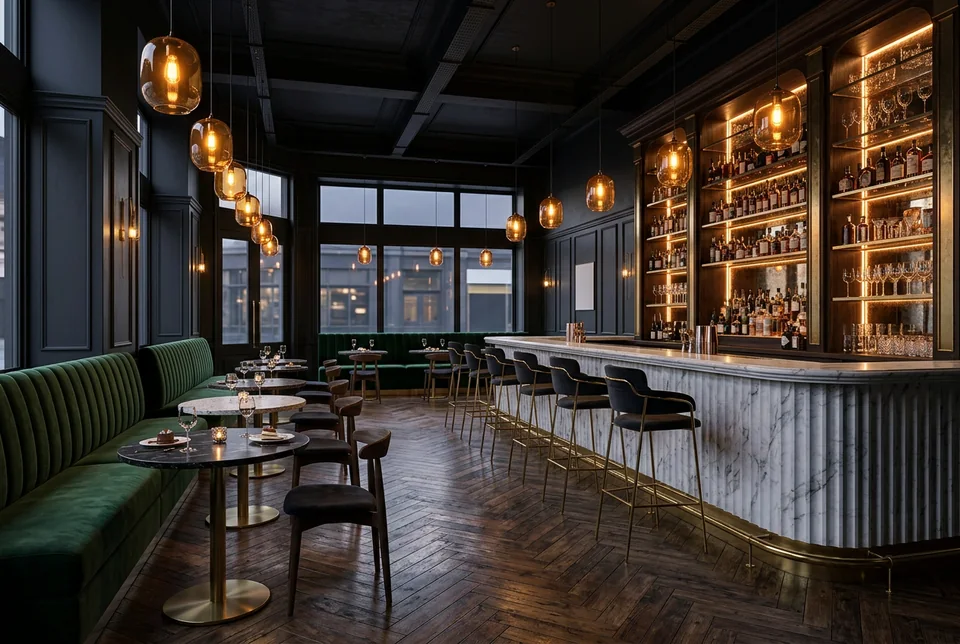 Dessert and cocktail bar with a marble bar