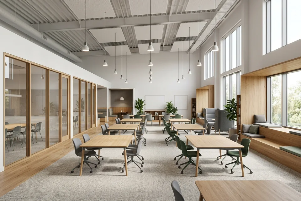 Education centre with a bright learning hall and breakout areas