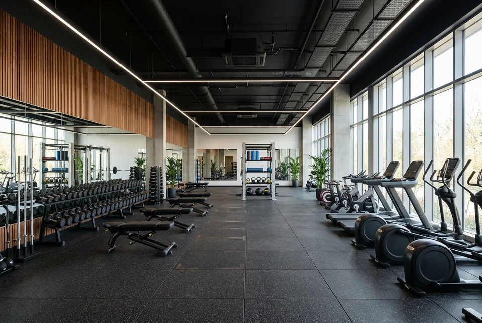 Gym floor with weights area, cardio equipment and timber feature wall