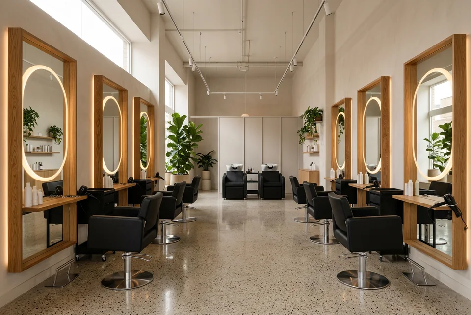 Hair salon with mirrored stations