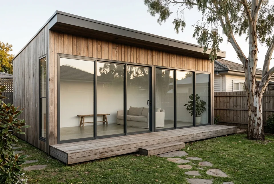 Detached backyard studio for a home business, with timber cladding and glazed doors