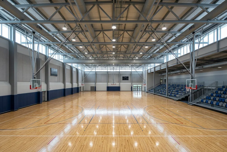 Indoor sports arena with two courts, timber floor and spectator seating