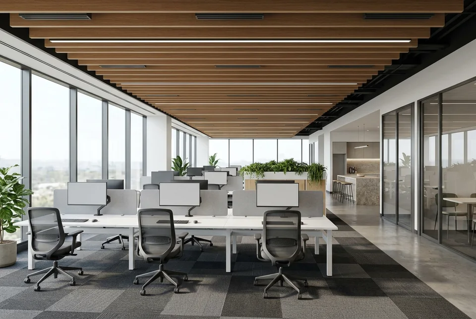Open-plan office with timber ceiling baffles
