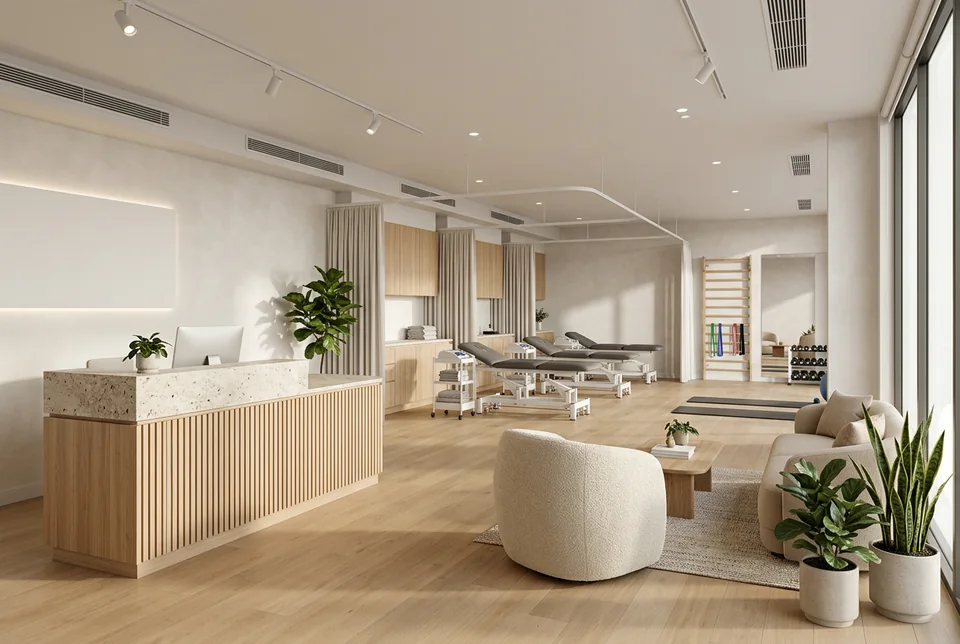 Physiotherapy clinic reception and open treatment area