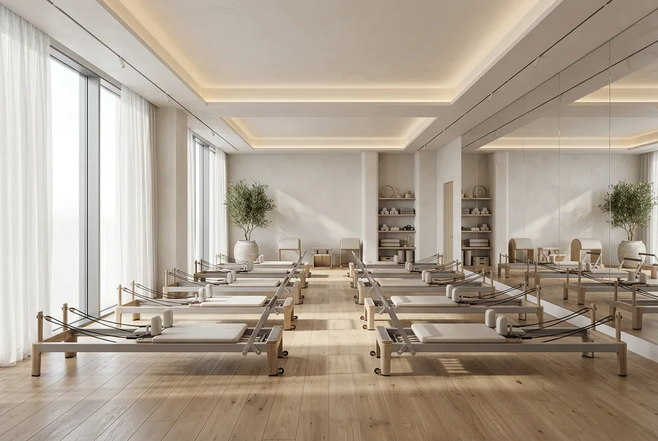 Pilates studio with reformers and soft daylight