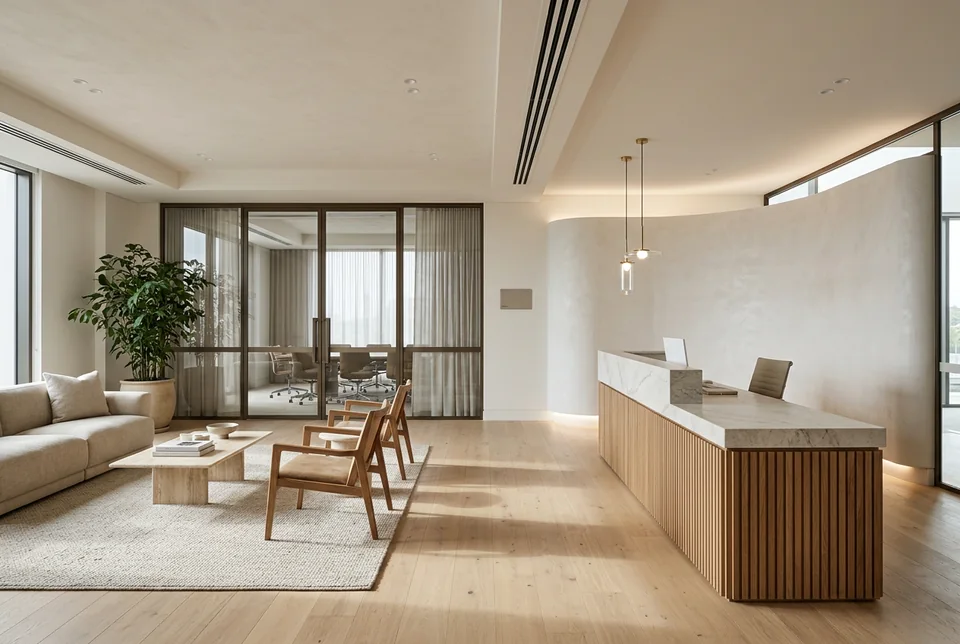 Professional suite reception with a stone counter