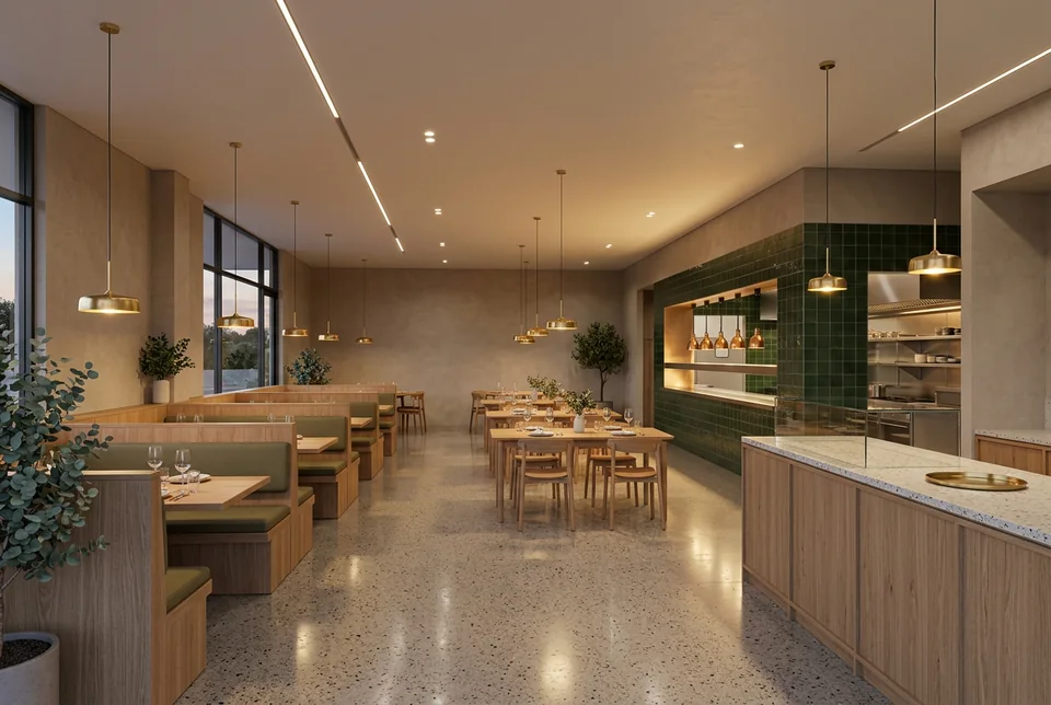 Restaurant dining room with timber booths and an open kitchen pass