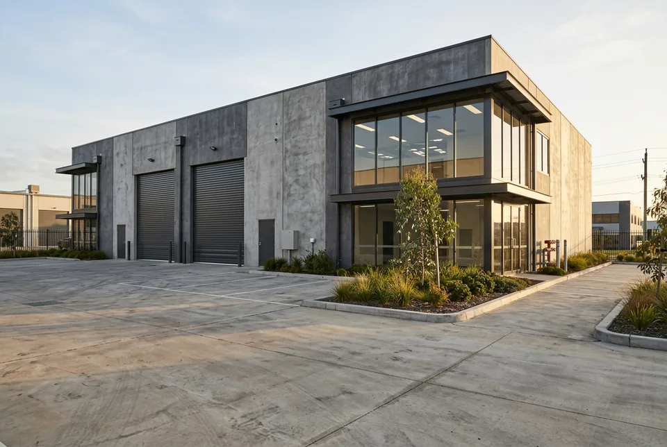 Warehouse exterior and interior with racking, roller doors and a mezzanine office