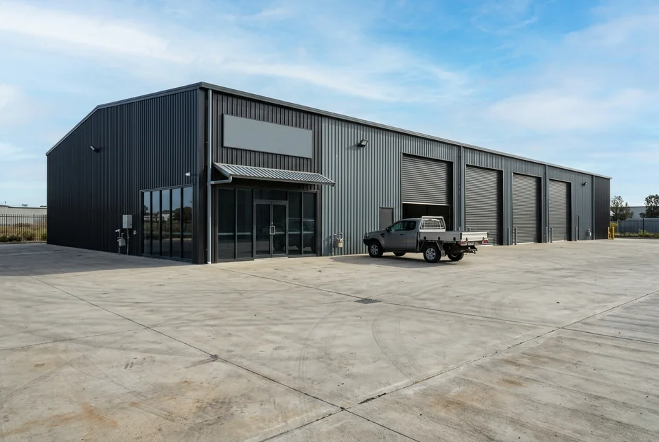 Trade workshop with roller doors, concrete floor and an office at the front