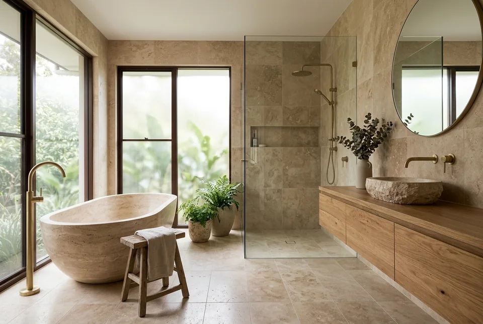 Master bathroom with a freestanding bath and travertine tiles