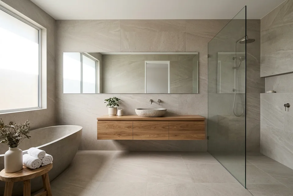 Family bathroom with large-format tiles, a freestanding bath and a floating timber vanity