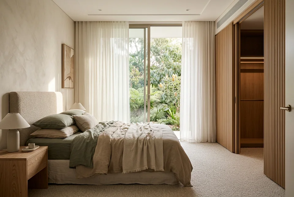 Master bedroom with a fluted timber walk-through wardrobe