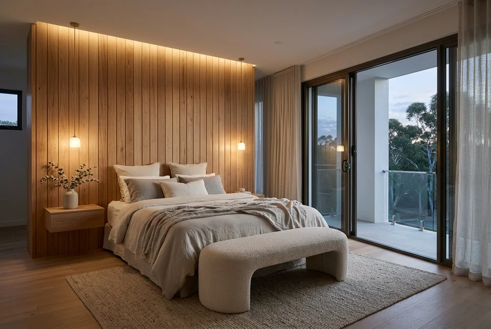 Master suite with a timber feature wall and balcony doors