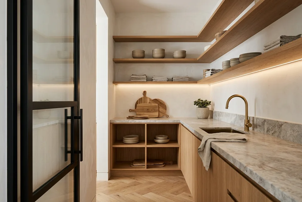 Butler's pantry with oak shelving and a stone benchtop