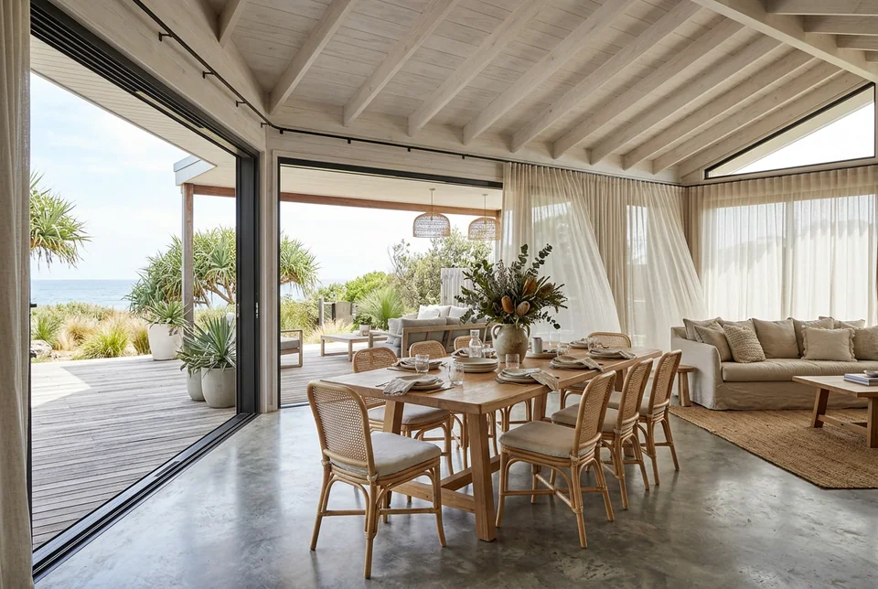 Coastal dining space opening to a deck