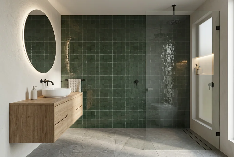 Ensuite with green tiles and matte black tapware