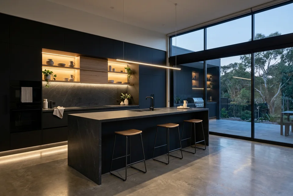 Black and oak kitchen with a long island