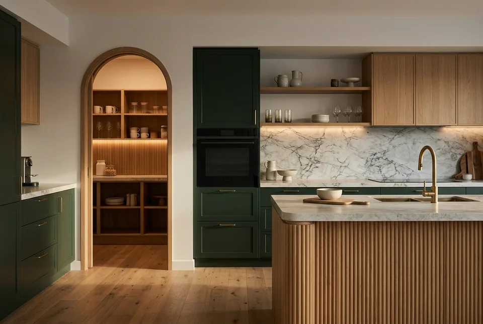 Kitchen with fluted timber joinery and a butler's pantry beyond