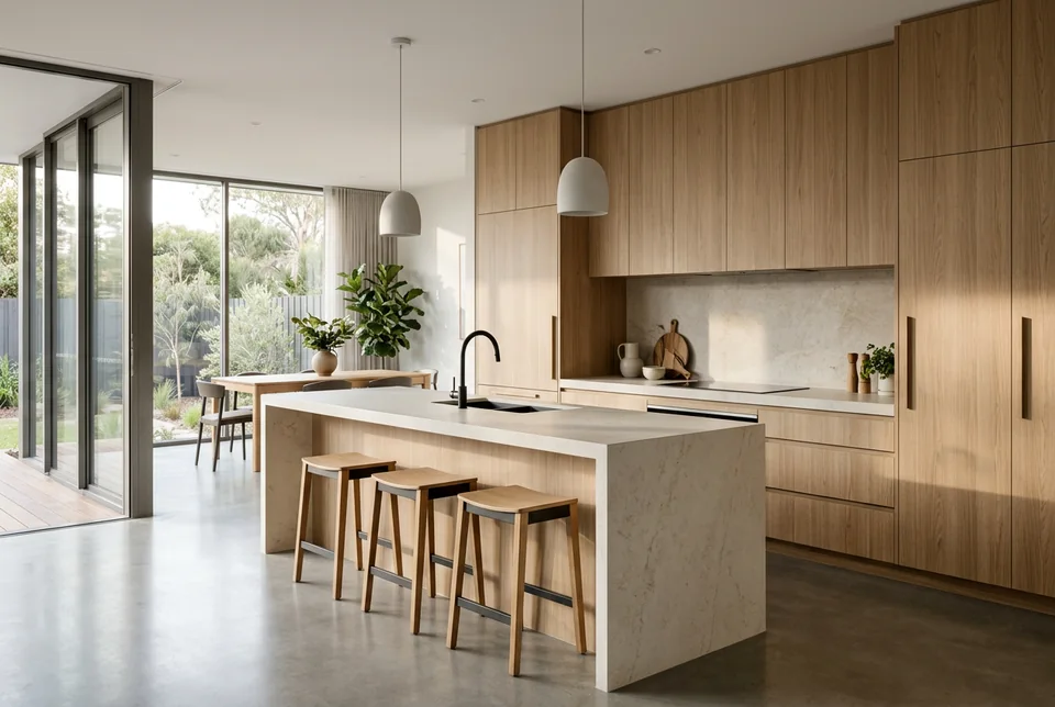 Kitchen with a stone waterfall island and oak cabinetry