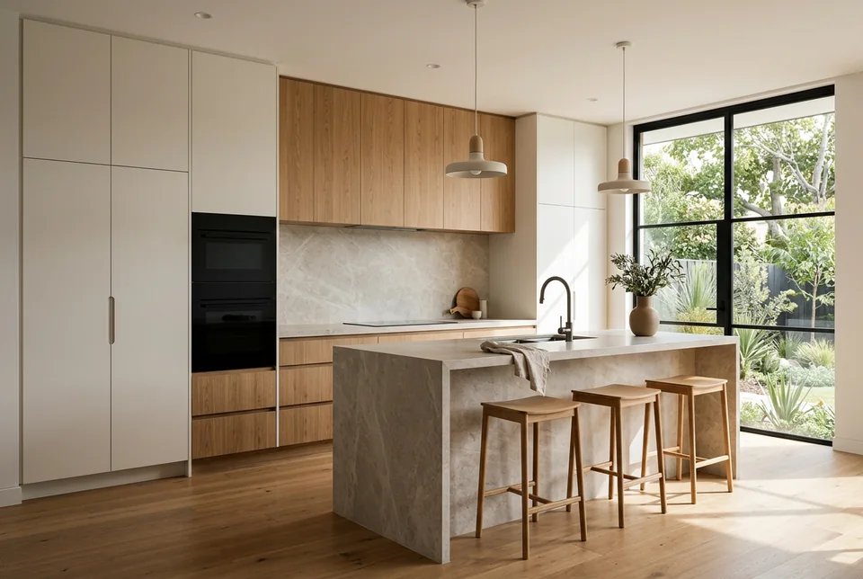 Bright kitchen with a stone waterfall island, oak and white joinery