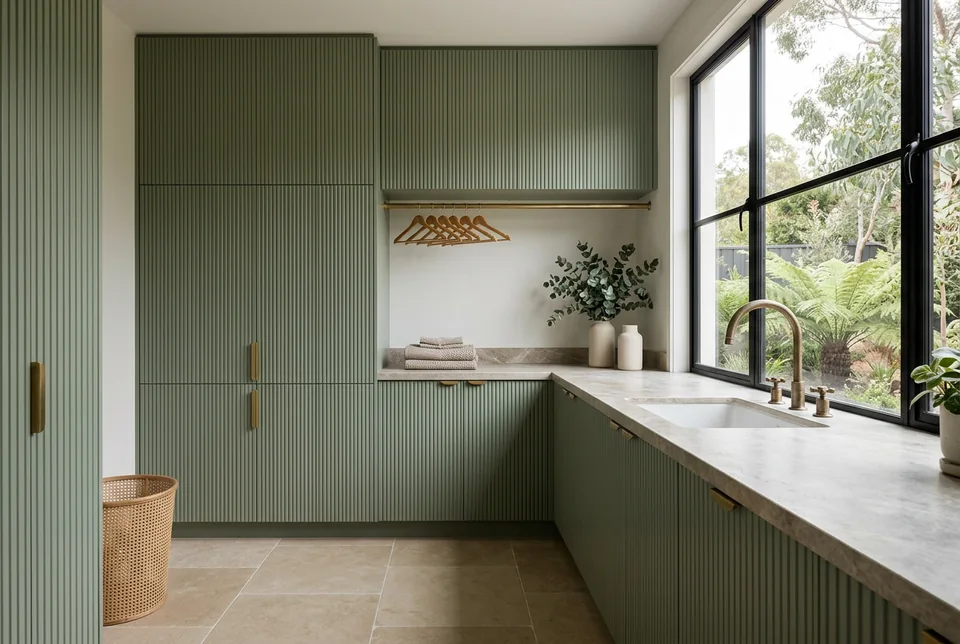 Laundry with fluted green cabinetry and brass tapware