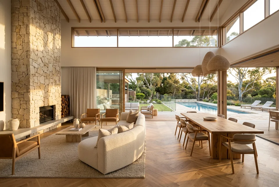 Open-plan living and dining room with a limestone fireplace and pool terrace