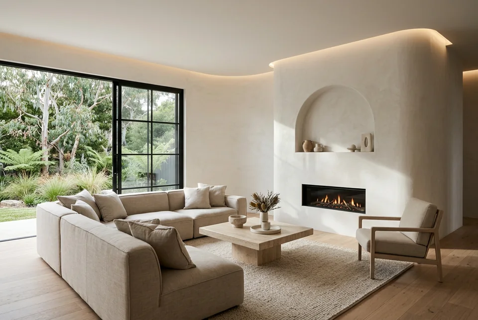 Calm lounge room with curved plaster walls and a travertine table