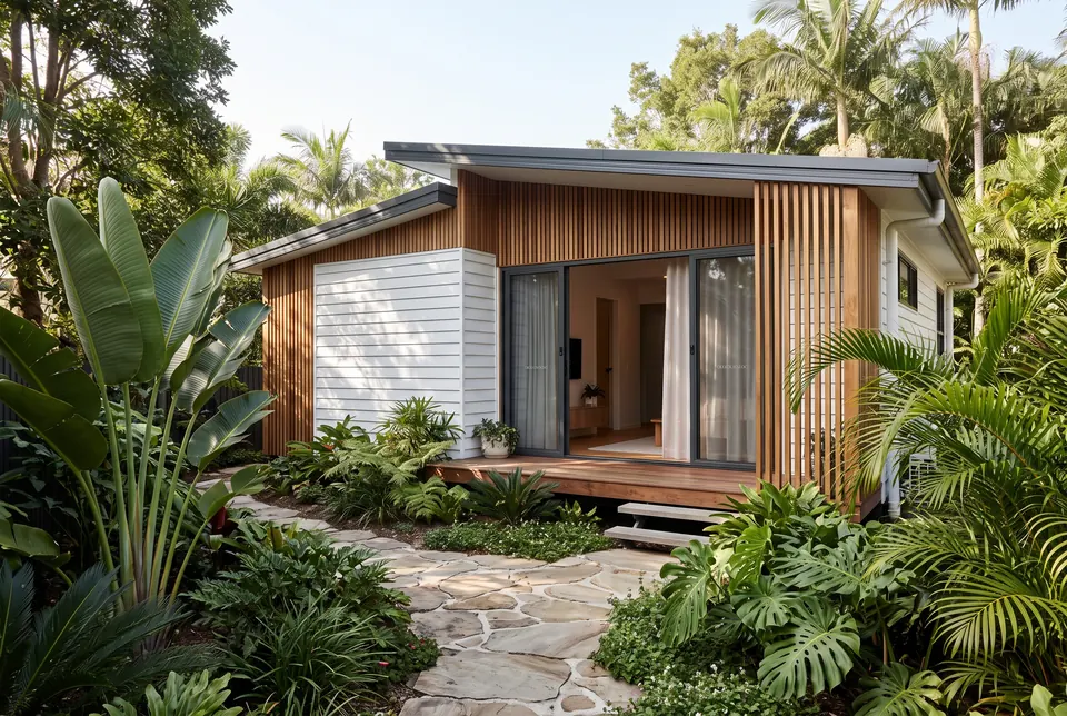Noosaville granny flat in white weatherboard and timber battens in a subtropical garden
