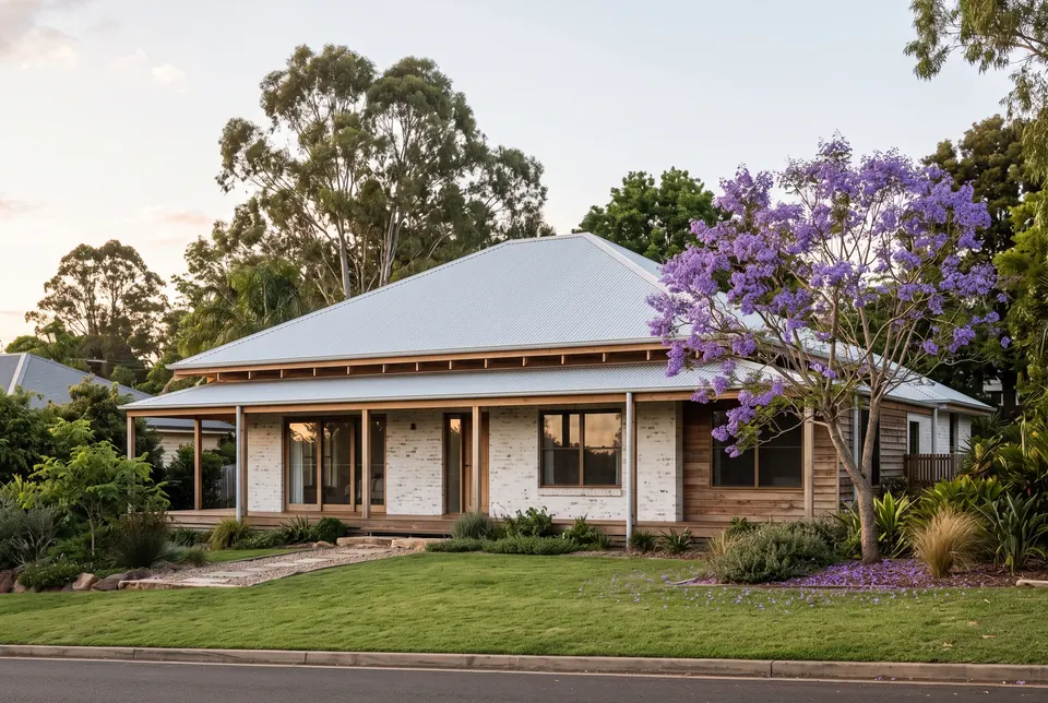 Single-storey Toowoomba home with a deep front veranda and a jacaranda