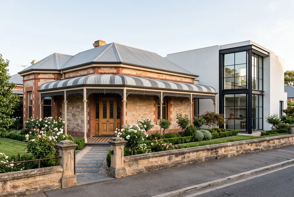 Norwood sandstone villa with a return veranda and a glazed contemporary extension