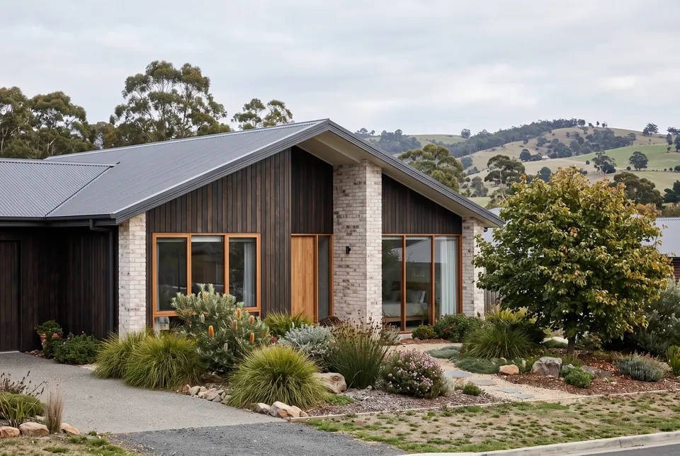 Single-storey Launceston home in dark timber and pale brick with hills behind