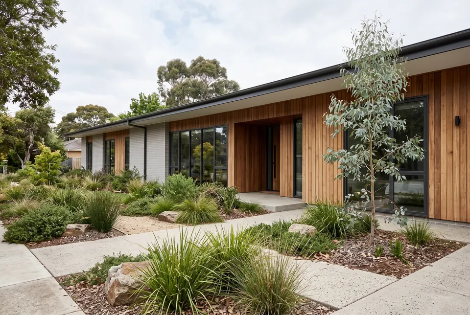Single-storey Newtown, Geelong home in grey brick and blackbutt timber with a native garden