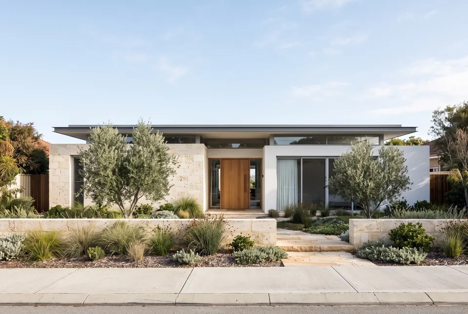 Single-storey Mosman Park residence in limestone and white render with olive trees
