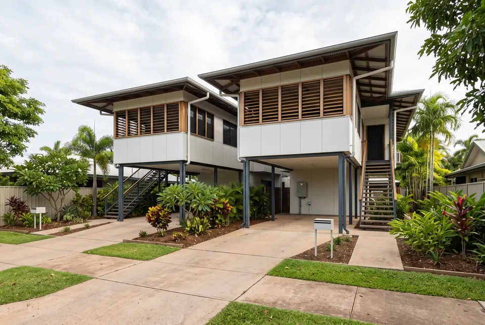 Parap duplex: two elevated tropical homes with louvres and carports underneath