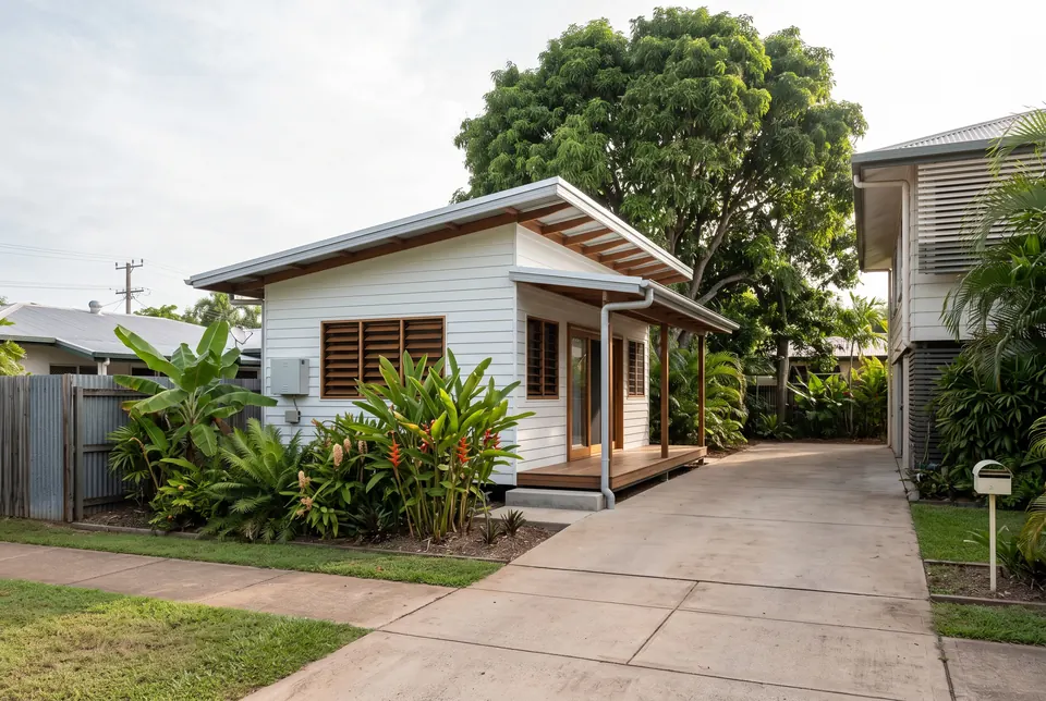 Stuart Park granny flat in white weatherboard with louvres and a small veranda
