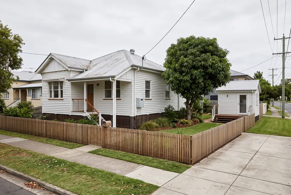 Bulimba corner block: a renovated weatherboard house on stumps and a granny flat at the back