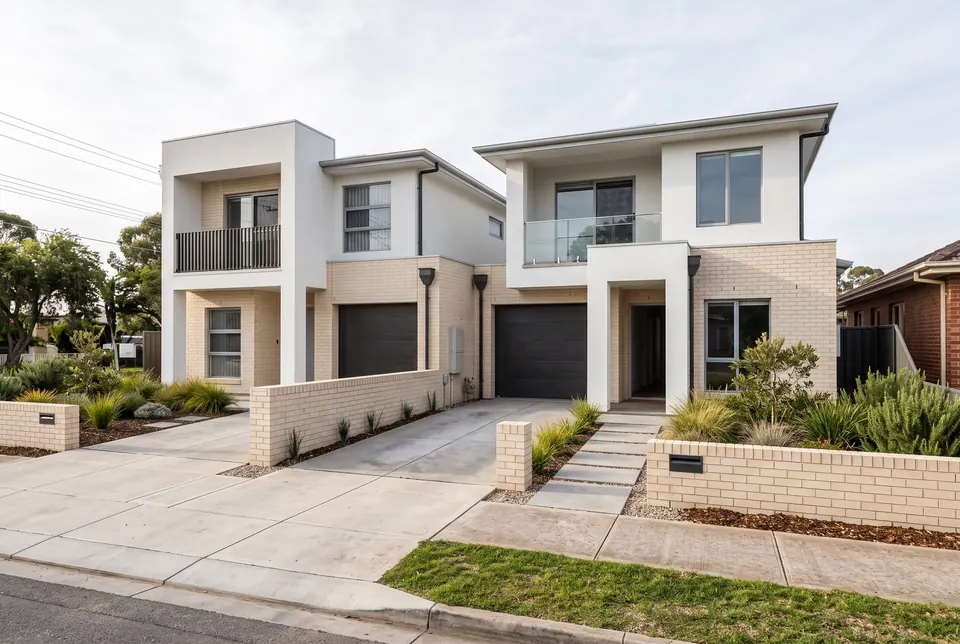 Glenelg North duplex in pale brick and white render with single garages and small balconies