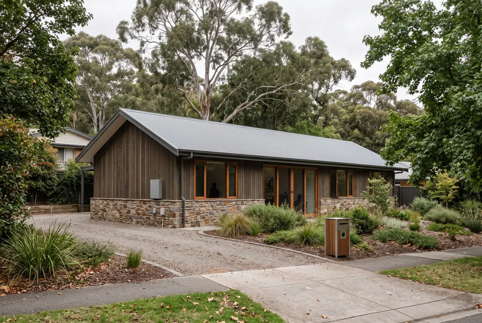 Stirling single-storey home with a stone base and dark timber under tall gums