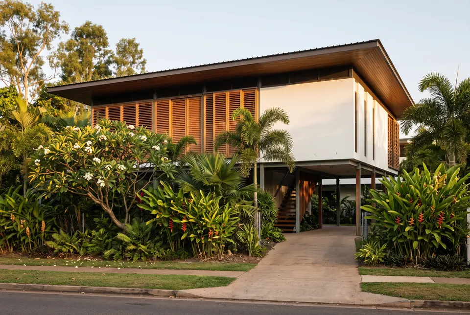 Elevated tropical Fannie Bay residence with timber louvres, a breezeway and a frangipani garden