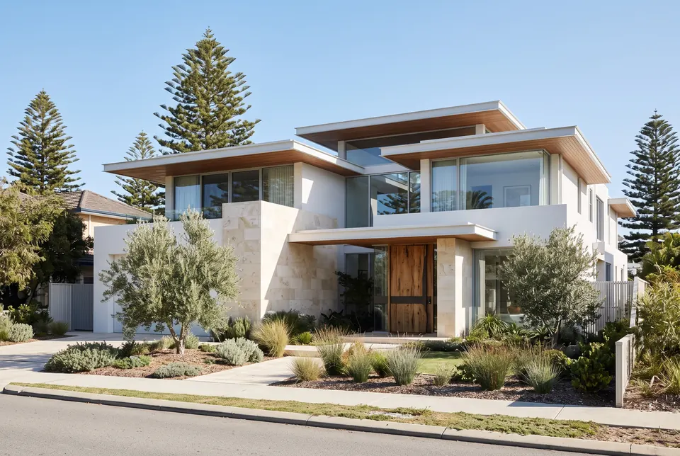 Riverside residence in Peppermint Grove in Tamala limestone and white render, with olive trees and Norfolk pines