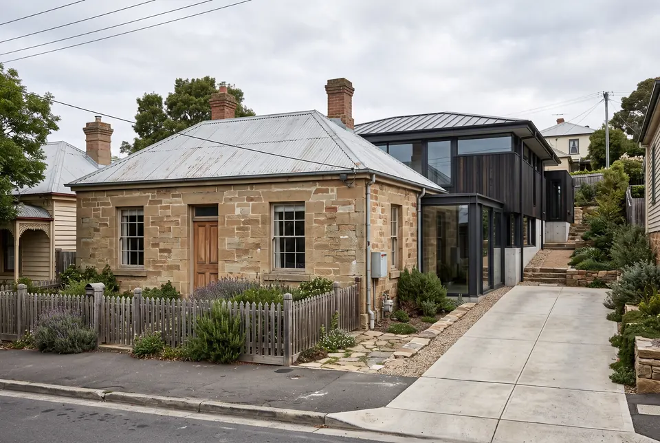 Battery Point sandstone cottage with a dark timber and glass addition stepping down the slope