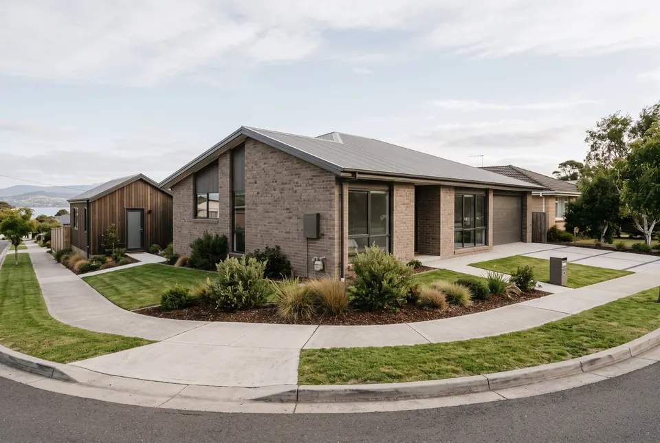 Lindisfarne corner block with a brick home and a timber granny flat facing the side street