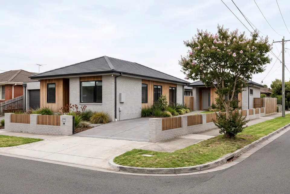 Box Hill corner block with a new brick and timber home and a granny flat facing the side street
